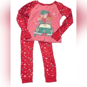 👉10/10$ Festive Red Kids Pajama Set with Car Print 4Y